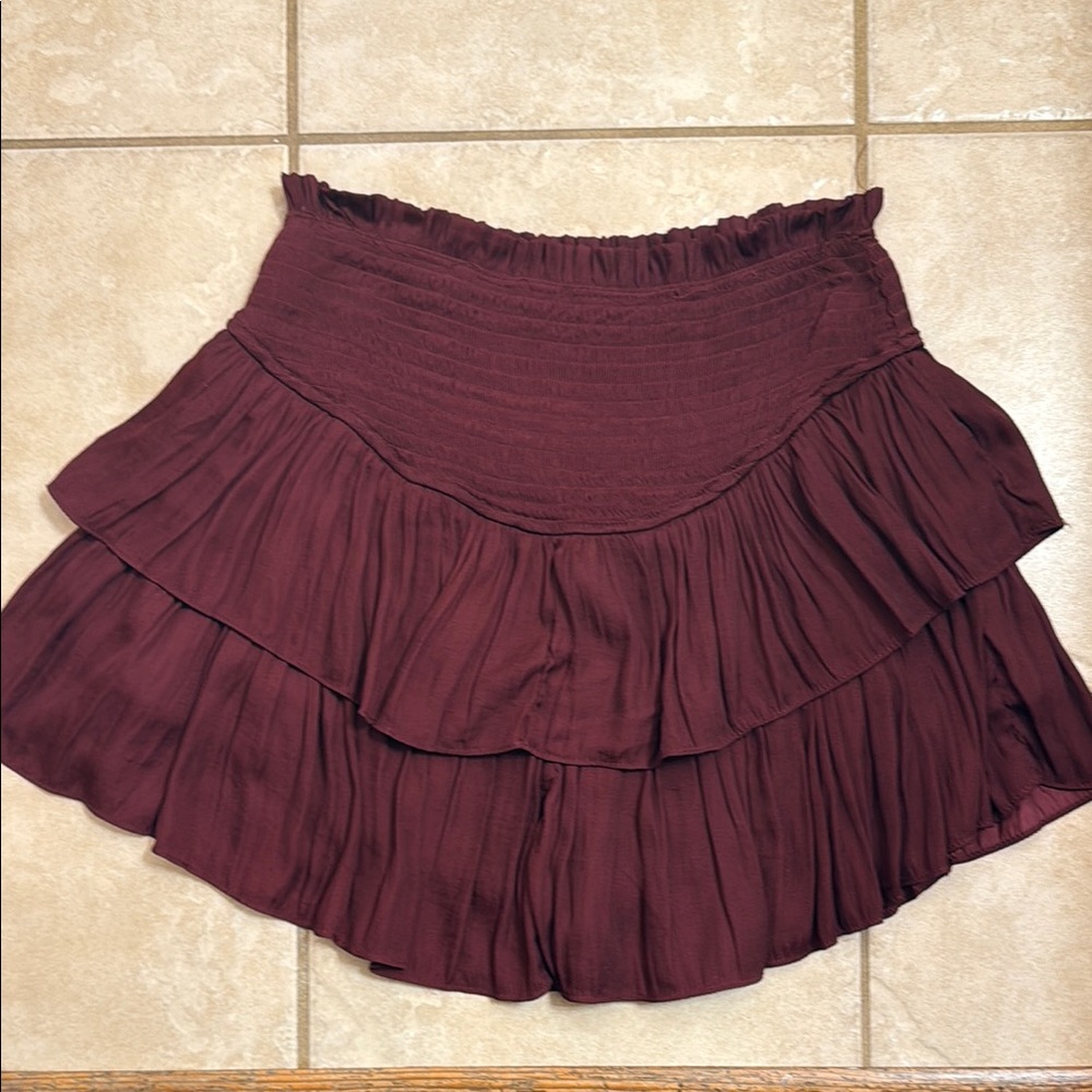 Mustard Seed Burgundy Smocked Tiered Mini Skirt